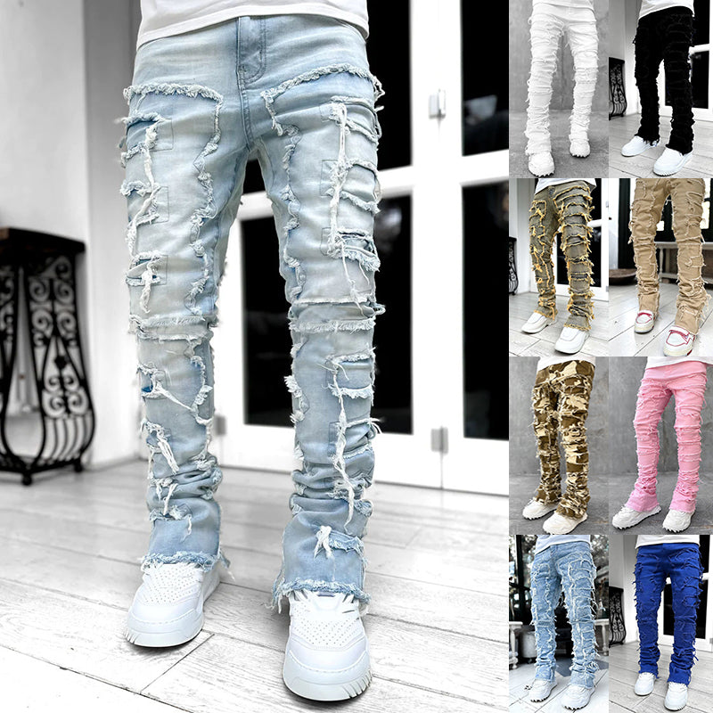 Men Pants Individual Patched Long Tight Fit Stacked Jeans