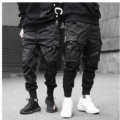 Men Black Hip Hop Cargo Pants Elastic Waist Joggers Sweatpants Pockets Full Length