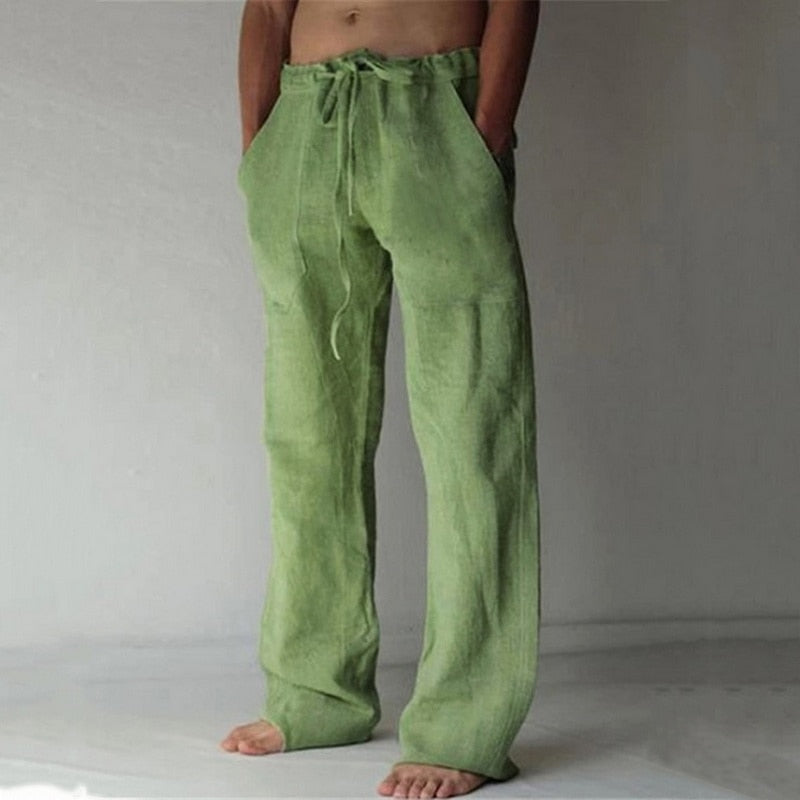 Casual Men's Cotton Linen Pants Fashion Solid Pocket Drawstring Baggy Comfort Loose Wide Leg Pants