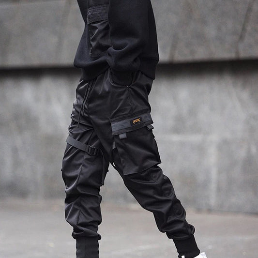 Men Black Hip Hop Cargo Pants Elastic Waist Joggers Sweatpants Pockets Full Length