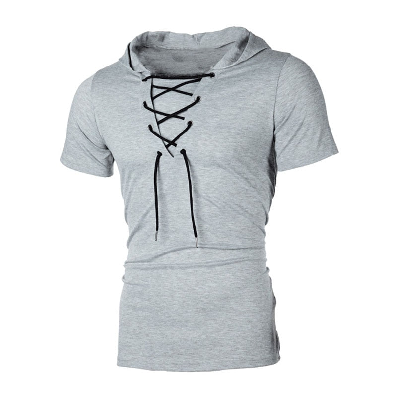 Men T Shirt Hooded Tees Lacing Short Sleeve T-Shirt