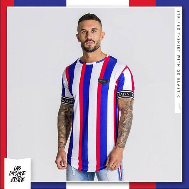 Men's Silk Print T-Shirt Summer Fashion Stripes Casual Short Sleeve T-Shirt Polyester Quick Dry