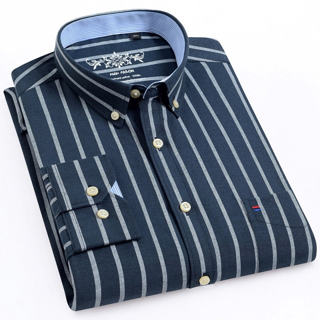 Men's Long Sleeve Oxford Plaid Striped Casual Shirt Front Patch Chest Pocket Regular-fit Button-down Shirts