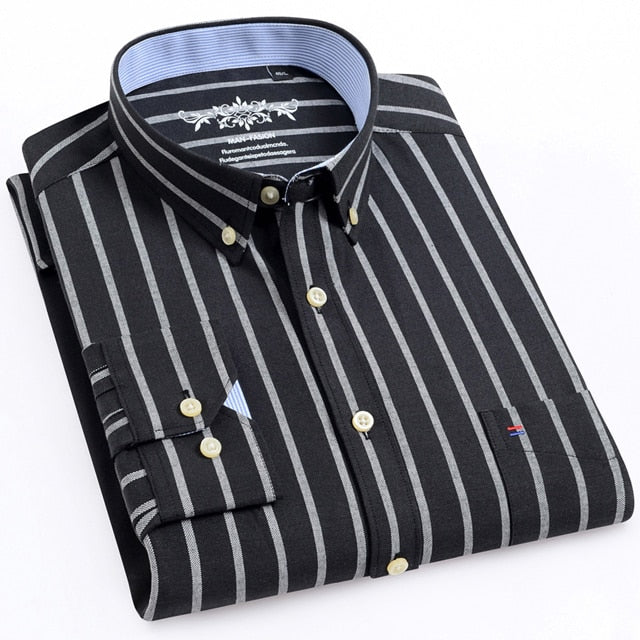 Men's Long Sleeve Oxford Plaid Striped Casual Shirt Front Patch Chest Pocket Regular-fit Button-down Shirts