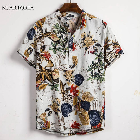 Summer Man Shirt Mens Ethnic Printed Stand Collar Cotton Linen Stripe Short Sleeve Loose Hawaiian Henley Shirt