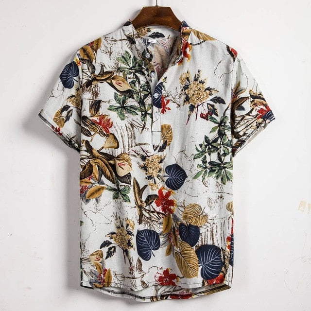 Summer Man Shirt Mens Ethnic Printed Stand Collar Cotton Linen Stripe Short Sleeve Loose Hawaiian Henley Shirt