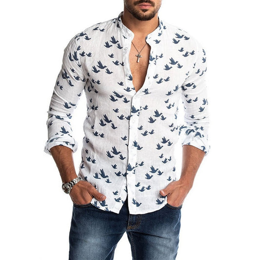 Hawaiian Shirt Long Sleeve Wild Goose Print Button Linen Shirts Summer Camisas Hombre Mens Shirts Casual Slim Fit Blusa New