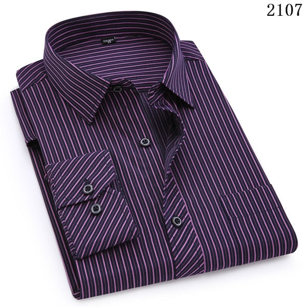 Mens Business Casual Long Sleeved Shirt Classic Striped Male Social Dress Shirts