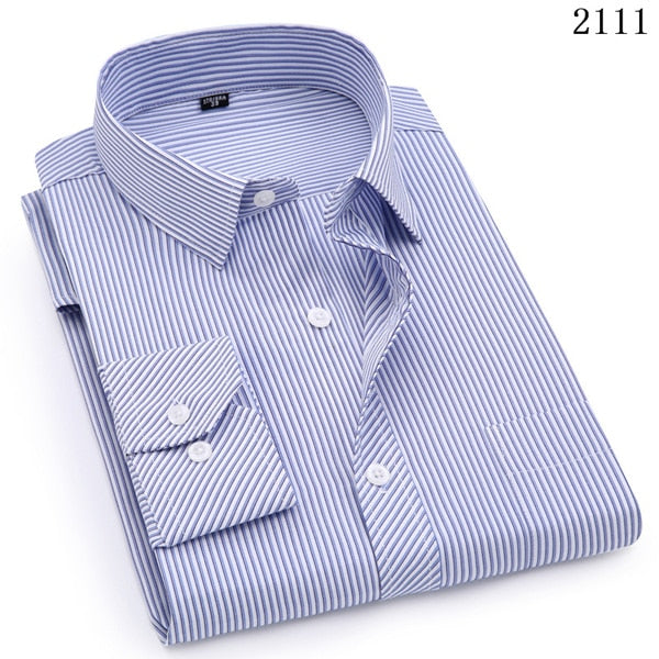 Mens Business Casual Long Sleeved Shirt Classic Striped Male Social Dress Shirts