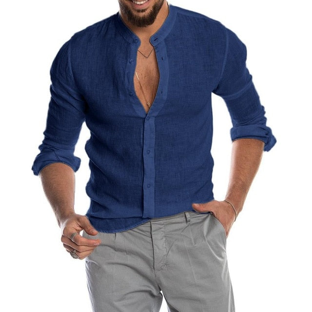 Men's Casual Blouse Cotton Linen Shirt Loose Tops Long Sleeve