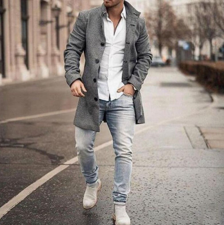 Men's woolen stand collar mid-length casual coat with pockets