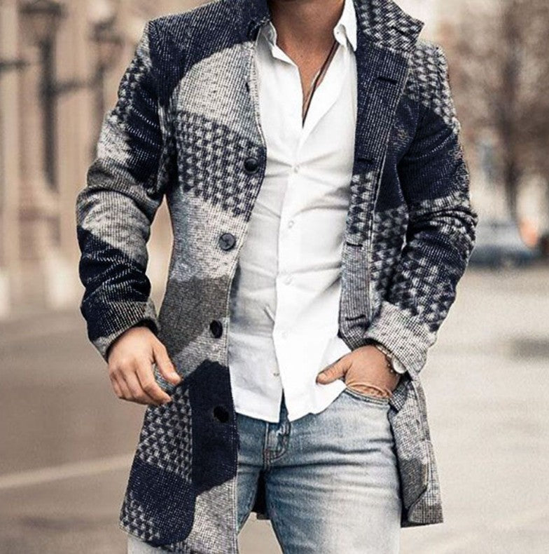 Men's woolen stand collar mid-length casual coat with pockets