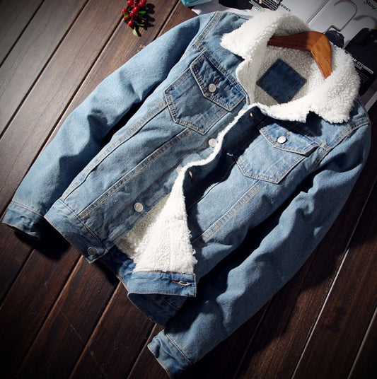 Denim Bomber Jacket with Fur Men Black High Quality Jeans Jacket Fleece Blue