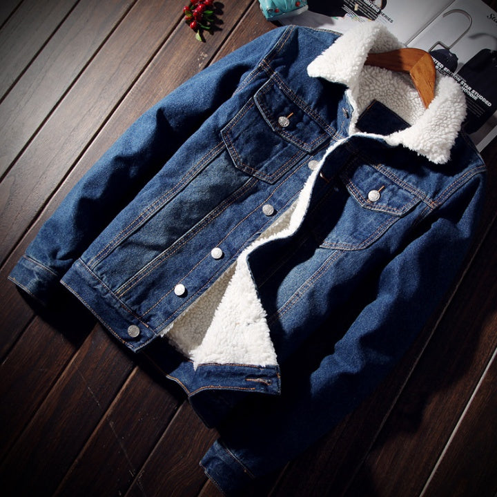 Denim Bomber Jacket with Fur Men Black High Quality Jeans Jacket Fleece Blue