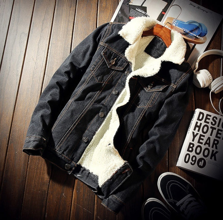 Denim Bomber Jacket with Fur Men Black High Quality Jeans Jacket Fleece Blue