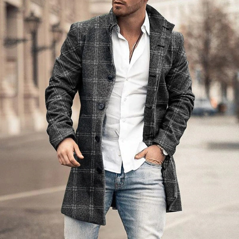 Men's woolen stand collar mid-length casual coat with pockets