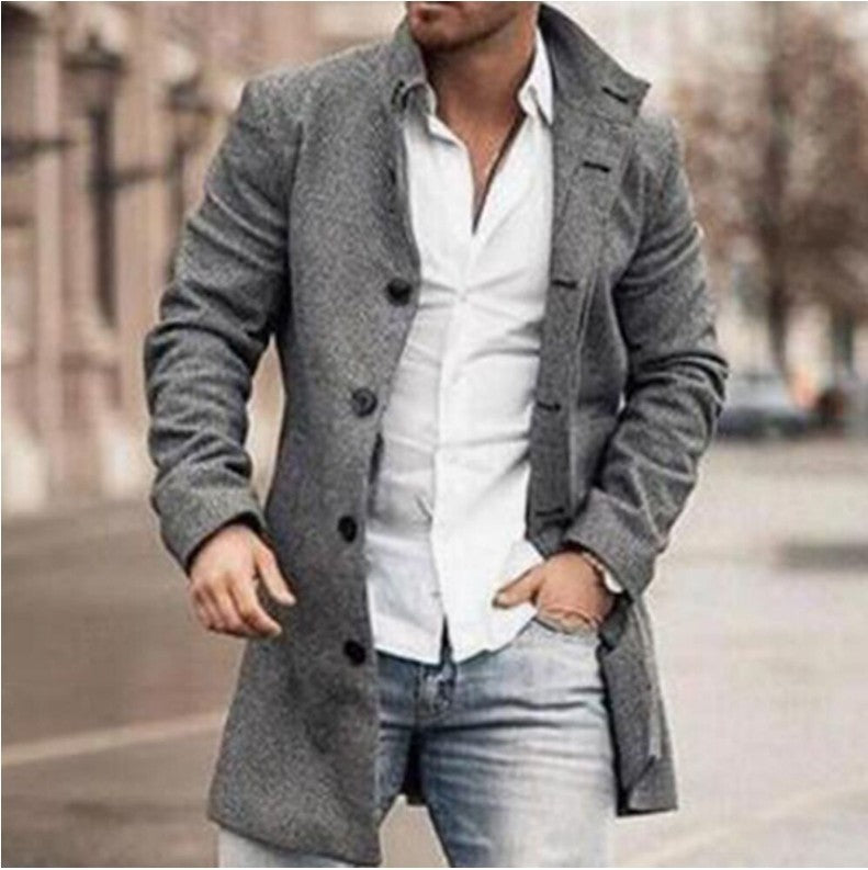 Men's woolen stand collar mid-length casual coat with pockets