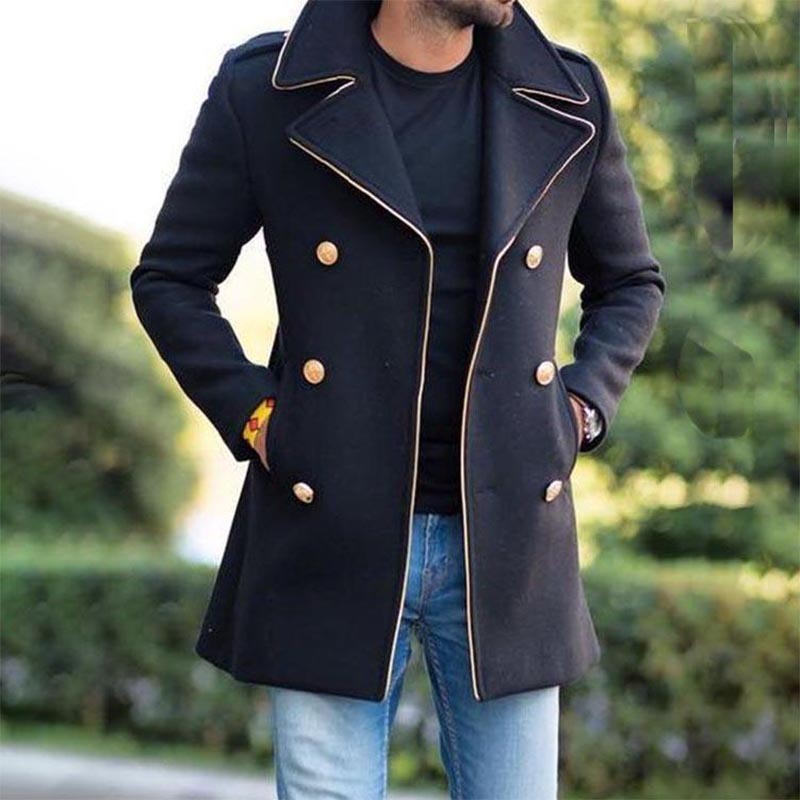 Men's woolen stand collar mid-length casual coat with pockets