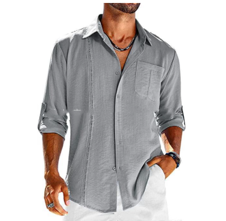Casual  Long Sleeve Shirt With Pocket Lace Polo Collar Solid Color