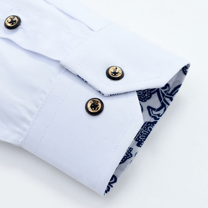 Blue-and-white Porcelain Collar Shirt Men Long Sleeve Korean SlimFit Casual Business Dress Shirts Solid Color White Shirt Cotton