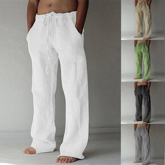 Casual Men's Cotton Linen Pants Fashion Solid Pocket Drawstring Baggy Comfort Loose Wide Leg Pants