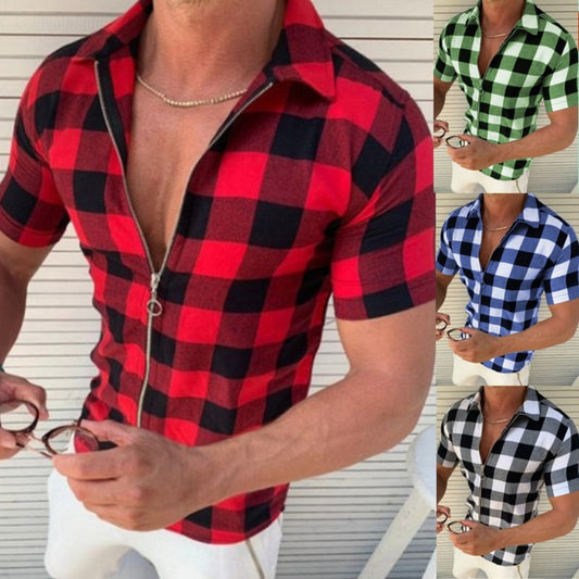 Plaid Square T-Shirt with Zipper, Short Sleeve Shirt