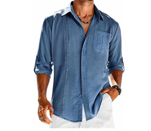 Casual  Long Sleeve Shirt With Pocket Lace Polo Collar Solid Color