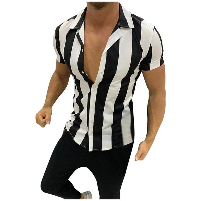 KANCOOLD Men Fashion Shirts Casual Multicolor Striped Lapel Shirts Short-Sleeve Masculina