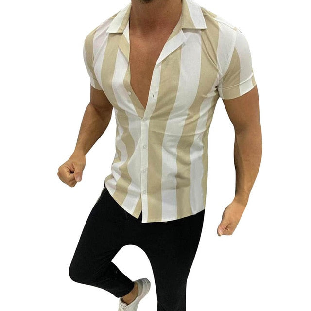 KANCOOLD Men Fashion Shirts Casual Multicolor Striped Lapel Shirts Short-Sleeve Masculina